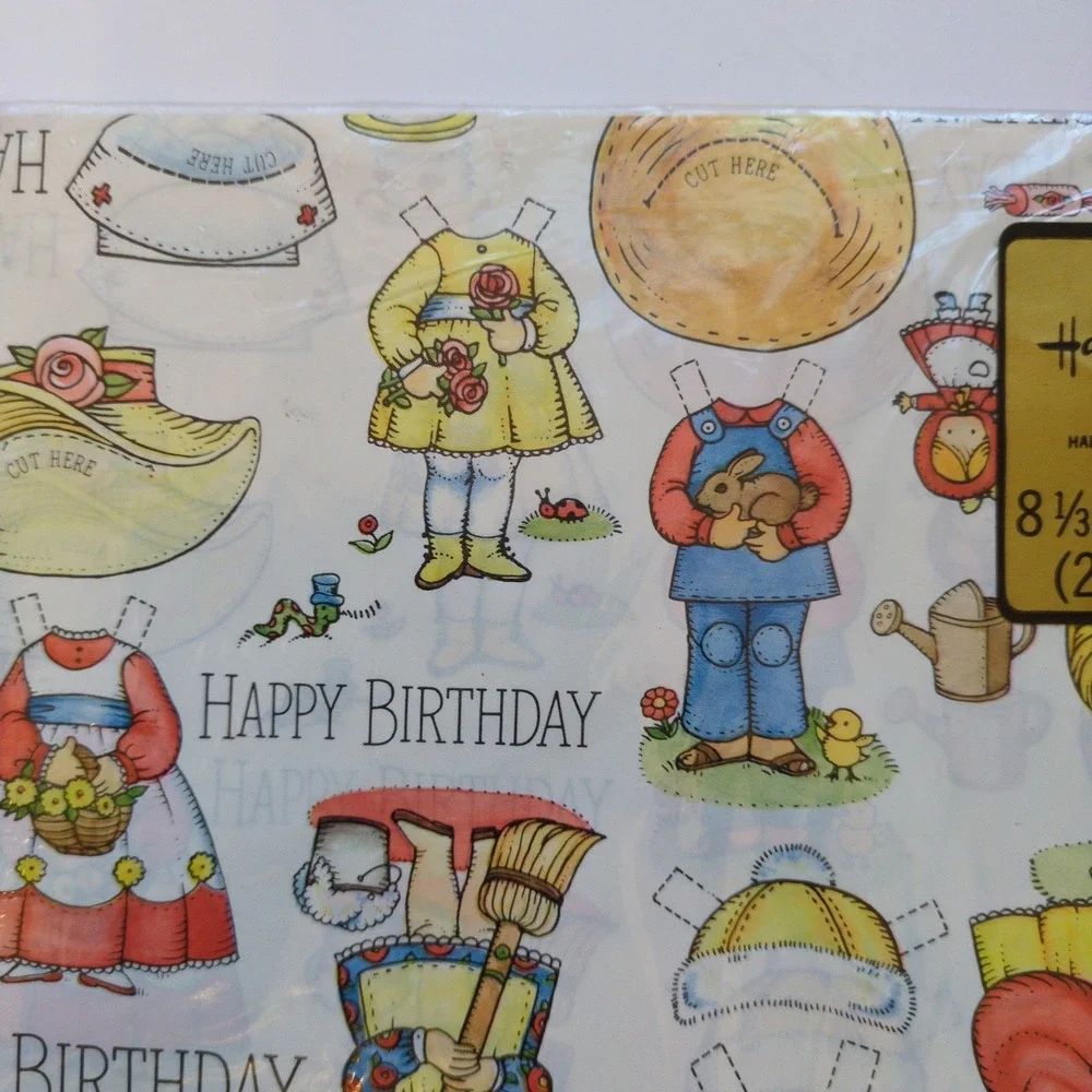 Vintage 70s Hallmark Joan Walsh Anglund Paper Dolls Birthday Wrapping Paper Pink
